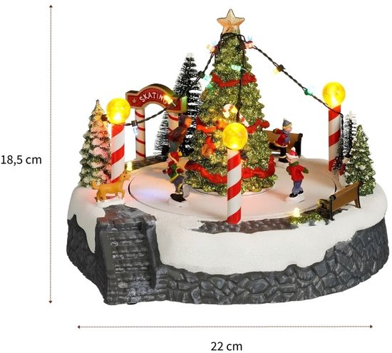 Luville Weihnachtsdorf: Weihnachtsbaum-Szene mit Eislaufbahn – Weihnachtsdekoration mit beweglichen Figuren und LED-Beleuchtung – batteriebetriebene Girlande – Weihnachtsgirlanden für den Innenbereich – 22 x 22 x 18,5 cm – Weiß