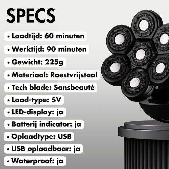 Sansbeauté SkullSharp PRO 6-in-1 Elektrorasierer – 7D Scherköpfe – LED Display – Nass & Trocken – Kabellos