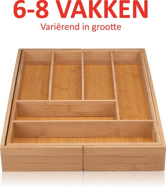 alpina Ausziehbarer Besteckeinsatz 34-56,5cm x 46 x 6cm - Besteckschublade - 6 bis 8 Fächer - Bambus