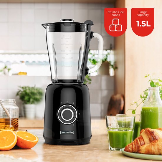 Bourgini Retro-Mixer – 5 Geschwindigkeitsstufen und Pulsfunktion – 1,5 Liter – Smoothie-Mixer – 500 Watt – Schwarz