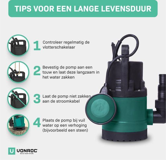 VONROC Tauchpumpe/Wasserpumpe 300 W – 6500 l/h – Für sauberes und leicht verschmutztes Wasser – Mit Schwimmer