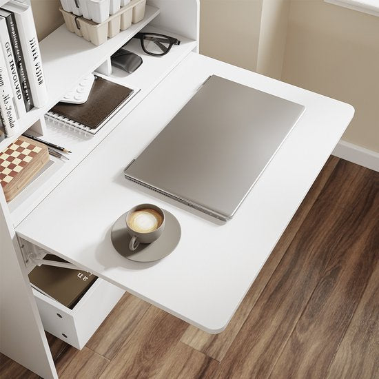 SoBuy Wandklapptisch FWT105-II-W – Multifunktionaler, platzsparender Klapptisch mit Rollen – Zusammenklappbarer Schreibtisch mit Schublade und Ablagen – Weiß