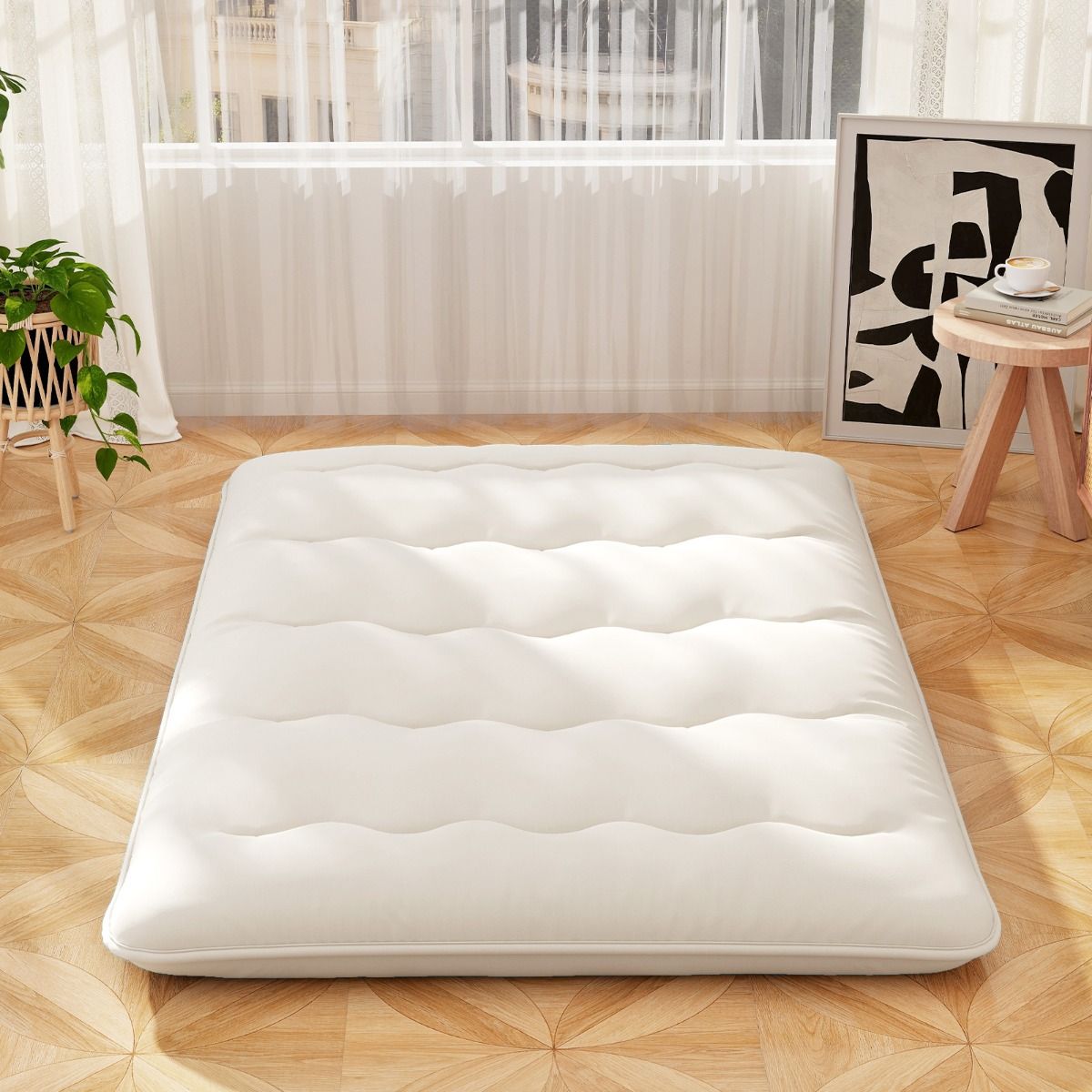 Coast Futonmatratze – Zusammenklappbare Boden- und Schlafmatte – Waschbarer Bezug – Beige/Blau/Brauner Bär