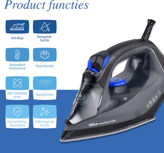 Vaive Bügeleisen PowerSteam 2200 - 300 ML Wassertank - 2200W - Keramiksohle - Schwarz