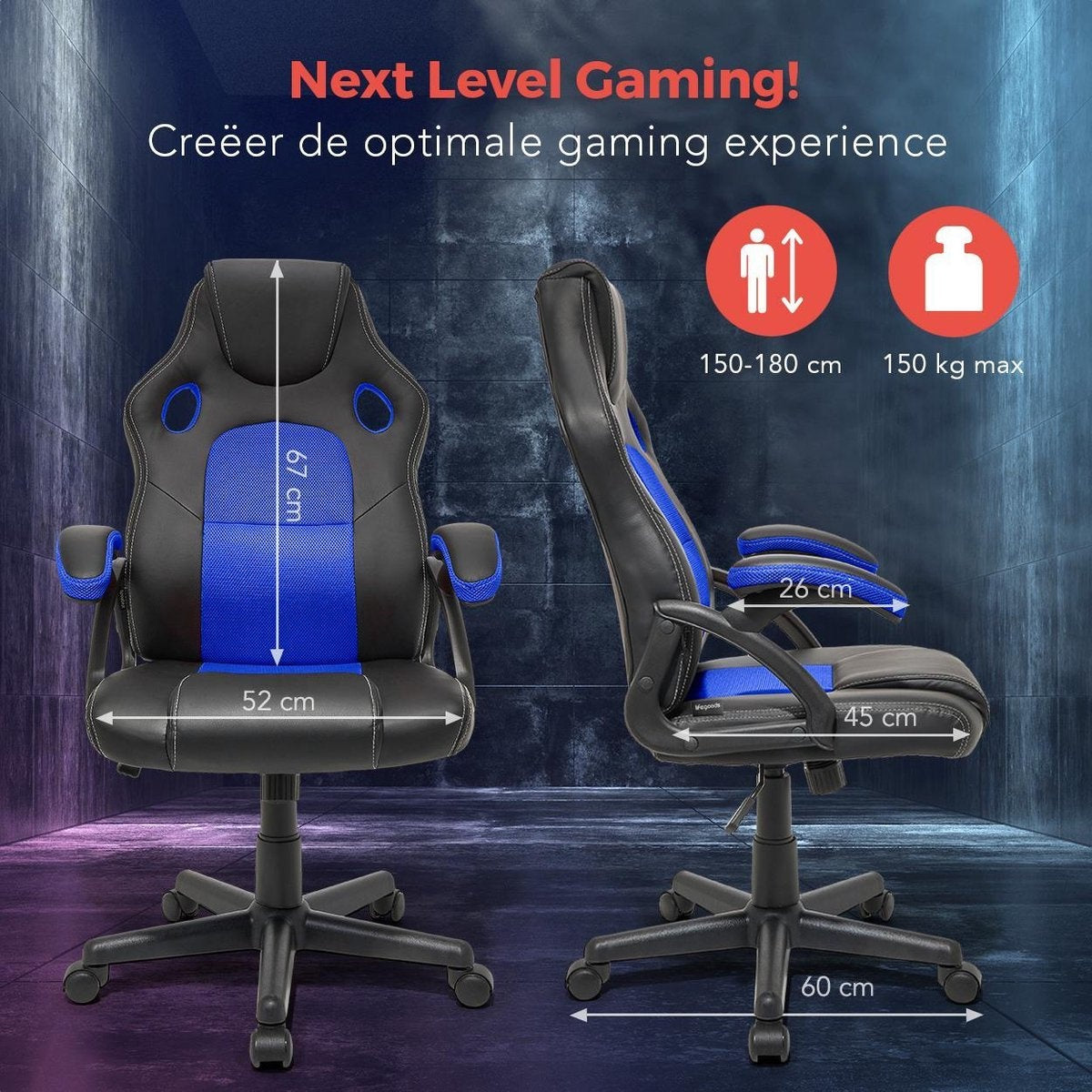 LifeGoods Gaming Stuhl - Einstellbar - Gaming Stuhl - Kunstleder - Blau/Schwarz