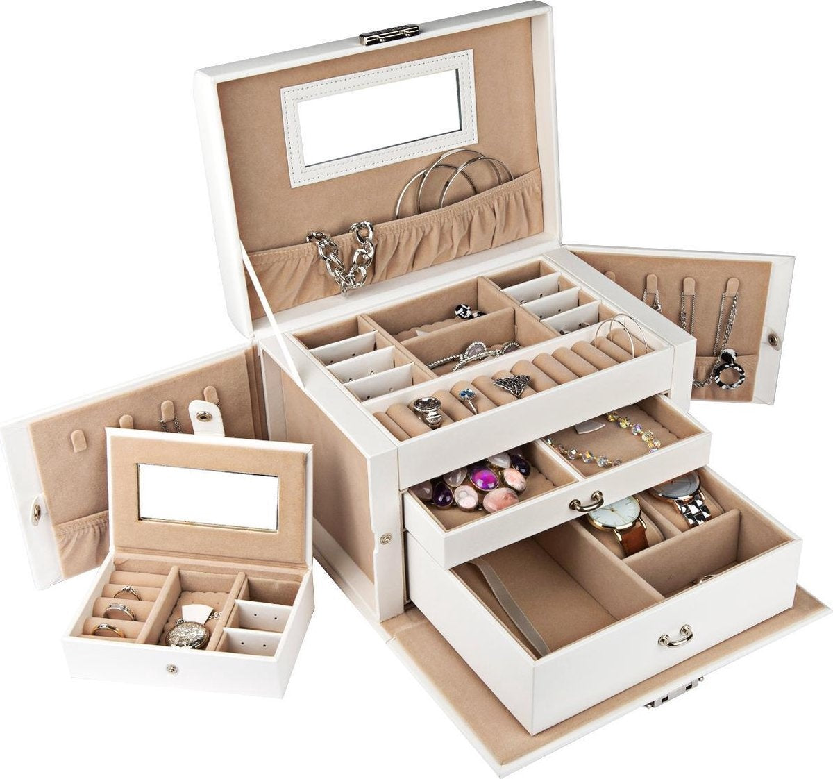 LifeGoods Schmuckkästchen XL - Schmuckkästchen - 20 Fächer - Weiß/Beige