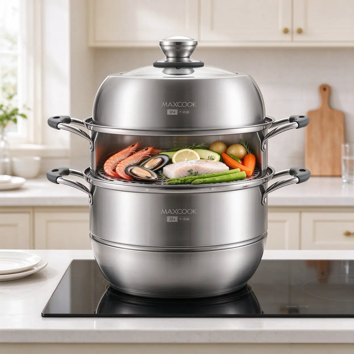 Maxcook 3-lagiger Dampfkochtopf 28 cm – Edelstahl 304 – für Induktion und Gas