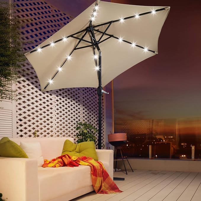 Yaheetech Solar-Sonnenschirm Ø 230 cm mit befüllbarem Sockel – Beige – Gartenschirm mit 18 LED-Lämpchen, Lichterkette und Neigungsfunktion