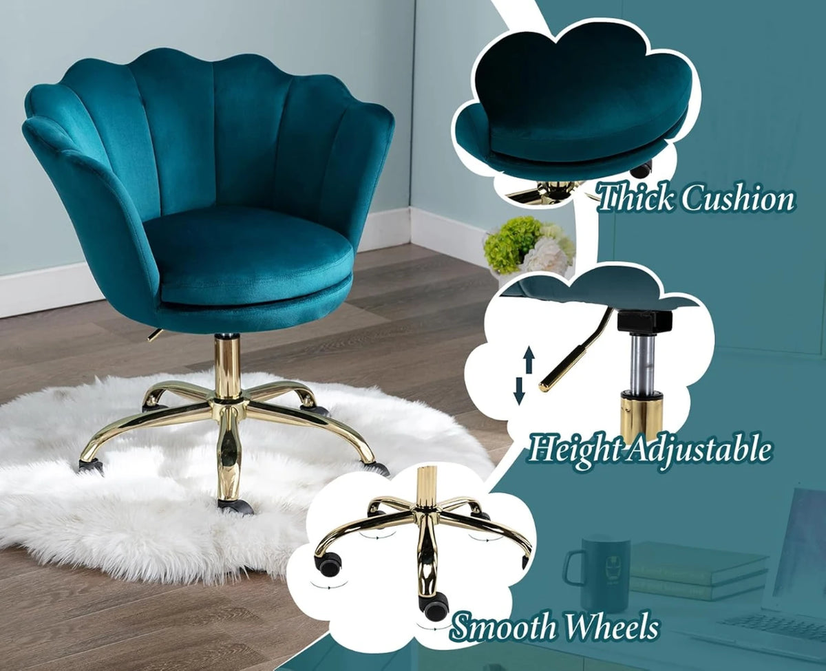 Ya-Home Bürostuhl – Blumenförmiger Design-Bürostuhl aus Samt mit goldenem Gestell – höhenverstellbar