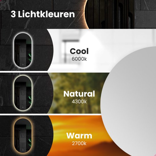 Mirlux Badezimmerspiegel mit LED-Beleuchtung & Heizung - Wandspiegel Oval - Schwarzer Rahmen - 100x50CM