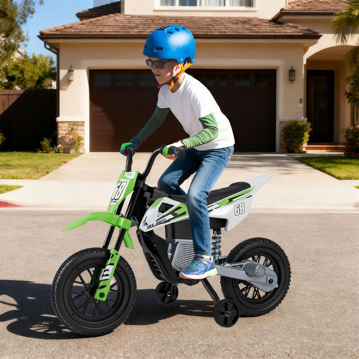 Coast Elektrisches Kindermotorrad – Musik und Bluetooth – abnehmbare Stützräder – grün