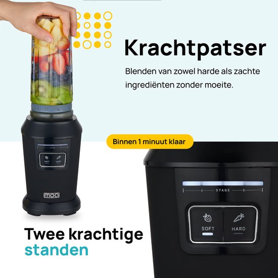 MOA Blender - Smoothie Maker mit 2 600ml Tritan Bechern - Mini Blender To Go - 800W - Edelstahl - Schwarz