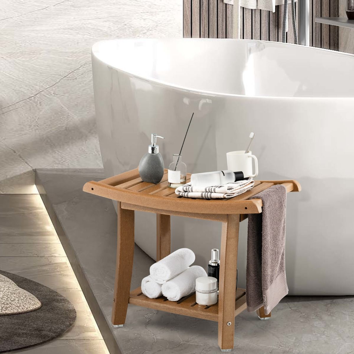 Coast Duschhocker – wasserdicht – geschwungene Sitzfläche – Ablage – braun – 60,5 x 34 x 48 cm