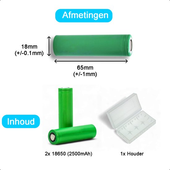 Tech Essentials 18650 wiederaufladbarer Li-Ionen-Akku – 2500 mAh, 3,7 V, 5 A – Lithium – Halterung – Akku – 2er-Pack