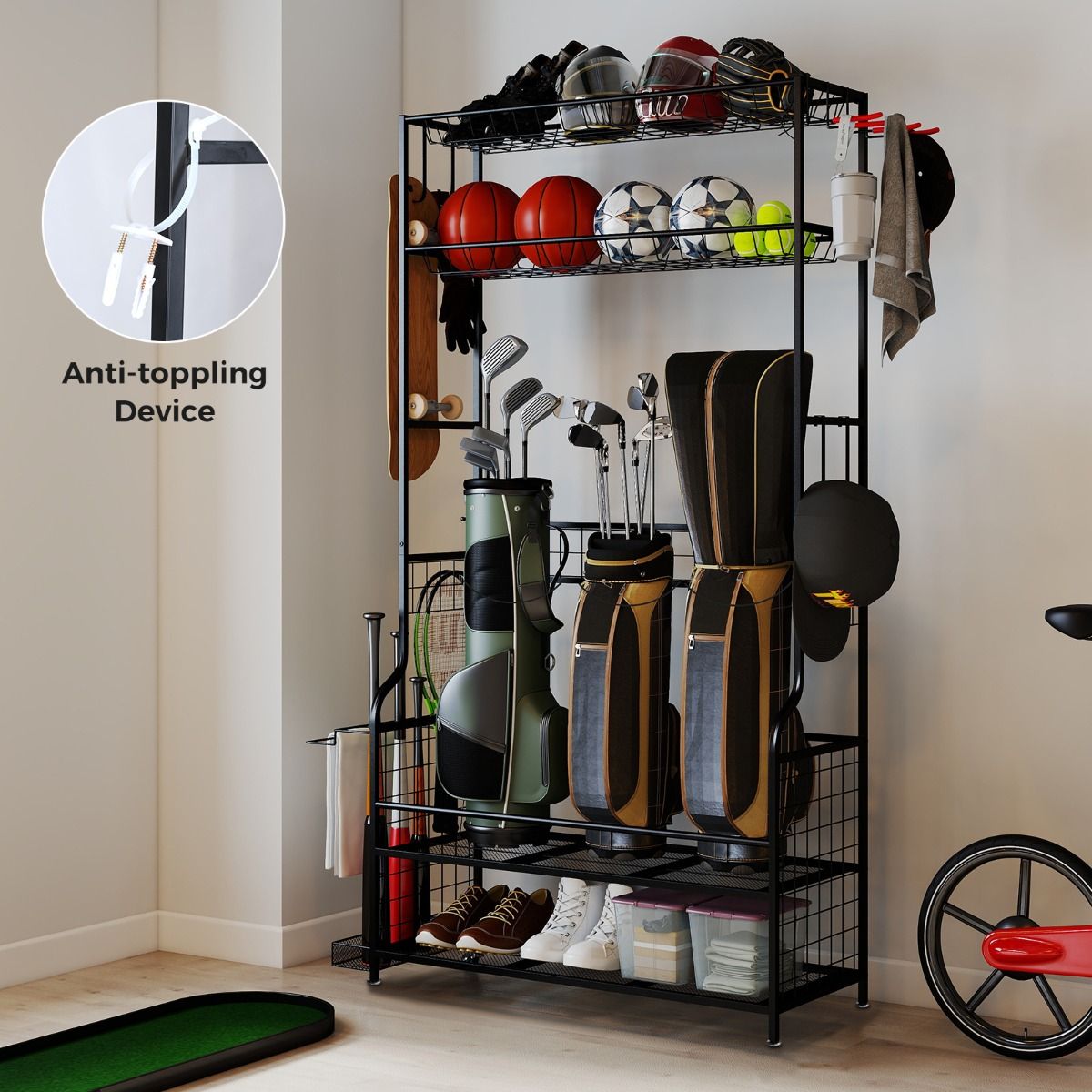 Coast Sportartikel-Organizer – mit Rollen – 4 Haken – zusätzliches Fach für Schläger – schwarz 132 x 40,5 x 194 cm