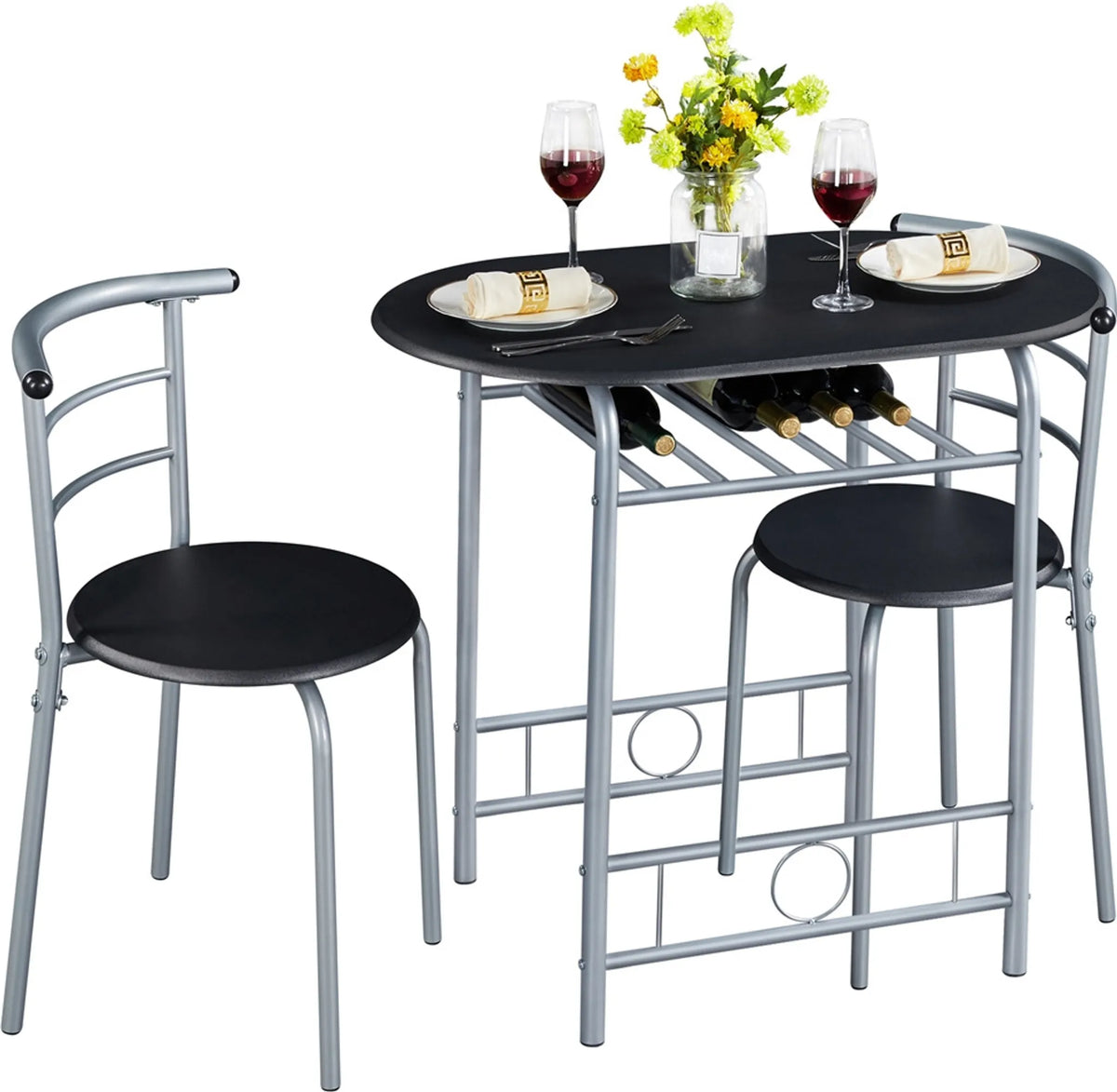 Yaheetech Dining Set von 3 - Features Tisch mit 2 Stühlen und verstellbare Lagerung Regal und wasserabweisende Beschichtung - für Küche und Esszimmer - Schwarz Metall und MDF - 80 x 53 x 73,5 cm