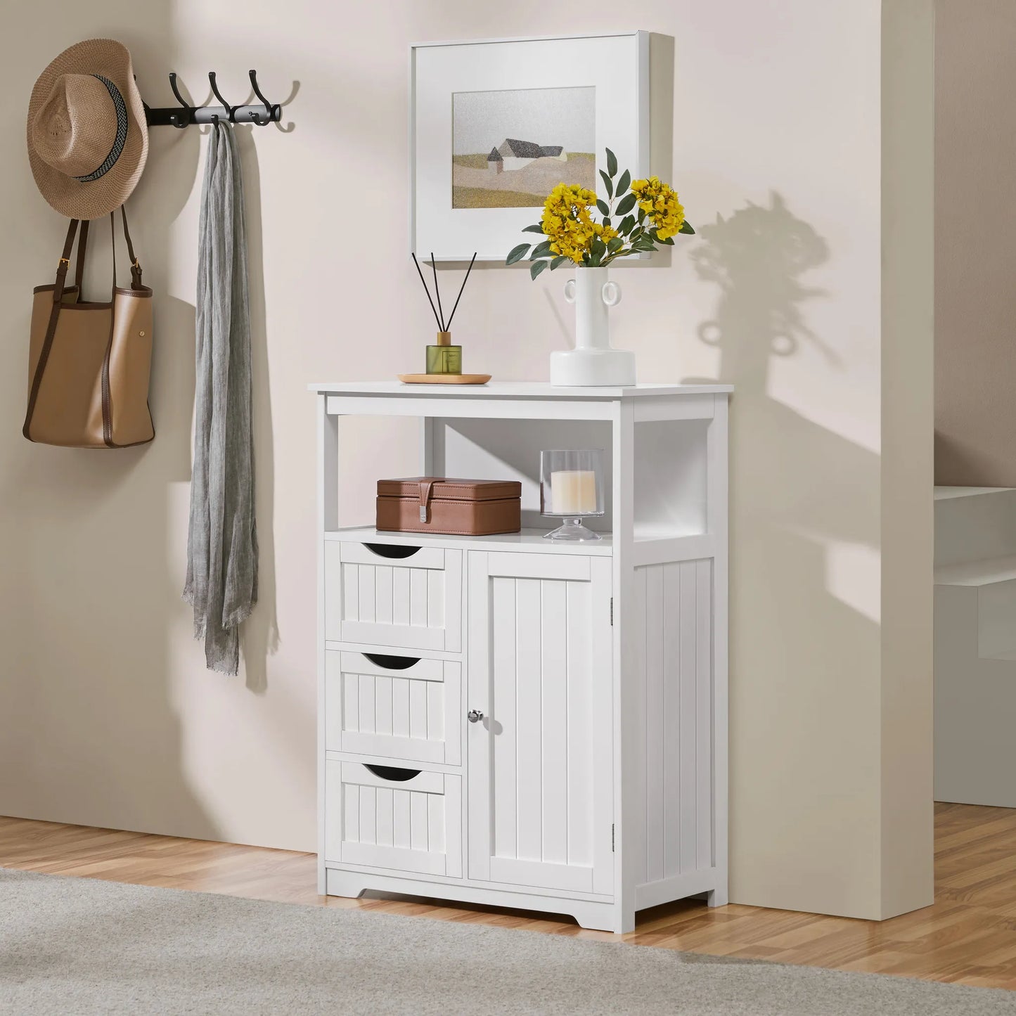 Yaheetech Badezimmerschrank mit 3 Schubladen - mit verstellbarem Regal und offenem Stauraum und Metallbeschlägen - für Badezimmer, Wohnzimmer und Schlafzimmer - weißes Mdf und Metall - 66 x 35 x 90 cm