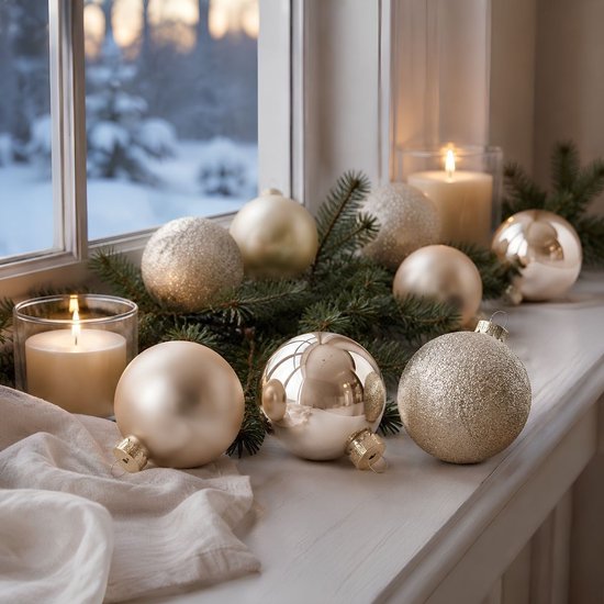 Mica Decorations Weihnachtskugeln – 26 Stück – Weihnachtsschmuck für den Weihnachtsbaum – Glänzende und glitzernde Ornamente – Spitzen und Kugeln in verschiedenen Größen – Ø 7 cm – Cremefarben