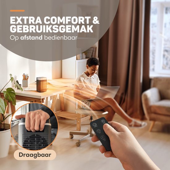 Vulpes Goods® Tech - Elektroherd mit Fernbedienung - Heizlüfter - Keramischer Herd - 4 Stufen - 1500W - Rotary, Timer & Thermostat - Für Innenräume - Schwarz
