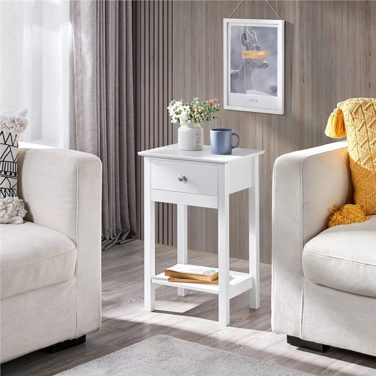 Yaheetech Stilvoller Nachttisch mit Schublade und Einlegeboden 40 x 30 x 61 cm – Zeitloses Weiß – MDF