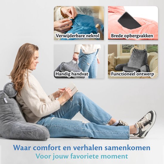 Ella Lesekissen XL – Memory-Foam-Entspannungskissen für das Bett – Sitzkissen mit Nackenrolle und Lendenwirbelstütze – Bookseat – Samt, Korallenrosa