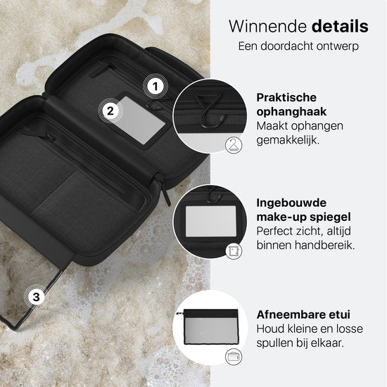 ONYX Kulturtasche Schwarz - Schminktasche - Kosmetiktasche - Intelligentes Layout - Beautycase & Schminkspiegel - Kosmetiktasche zum Aufhängen mit Haken - Damen und Herren - Größe: M