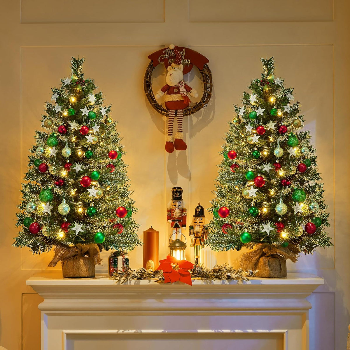 Yaheetech Kunstweihnachtsbaum – 2er-Set – 91,5 cm – 50 warmweiße LEDs – Tannenzapfen – Grün