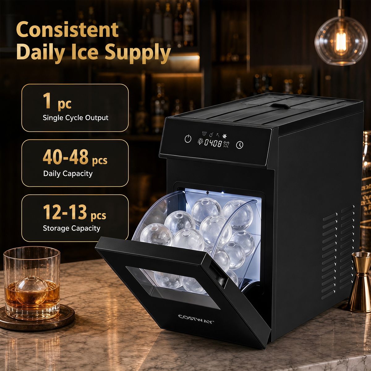 Coast Eiswürfelmaschine – 50 mm Eisbällchen – 48 Stück pro Tag – schwarz