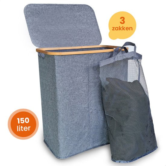 Goliving Wäschesortierer 3 Boxen - 150L - Faltbarer Wäschekorb mit Deckel - 3 herausnehmbare Taschen mit farbigen Etiketten - 57 x 37 x 66 cm - Grau