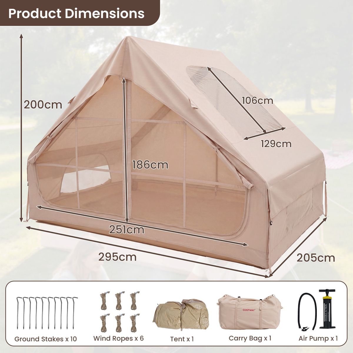 Coast aufblasbares Campingzelt – 4 Personen – 2 Türen und Dachfenster – khaki – 295 x 205 x 200 cm