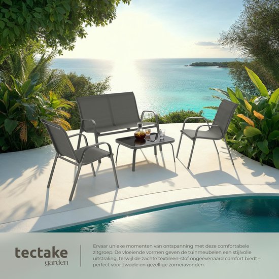 tectake® Gartenset Nora - Moderne Sitzgruppe für 4 Personen - Loungeset mit Gartensofa und 2 Gartenstühlen aus atmungsaktivem, wasserabweisendem Textilgewebe - Balkonset mit Beistelltisch - Luxuriöses Gartenmöbel-Set - Anthrazit