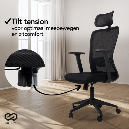 Infinity Goods Ergonomischer Bürostuhl - Bürostühle für Erwachsene - Vollständig verstellbar - Bürostuhl - Schwarz