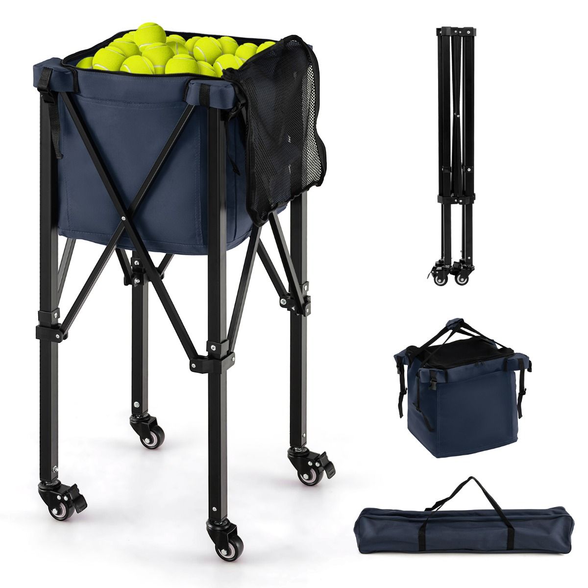 Coast Tennisballwagen mit Rädern - zusammenklappbar - bis zu 150 Tennisbälle - 40 x 40 x 92 cm - Schwarz mit Blau