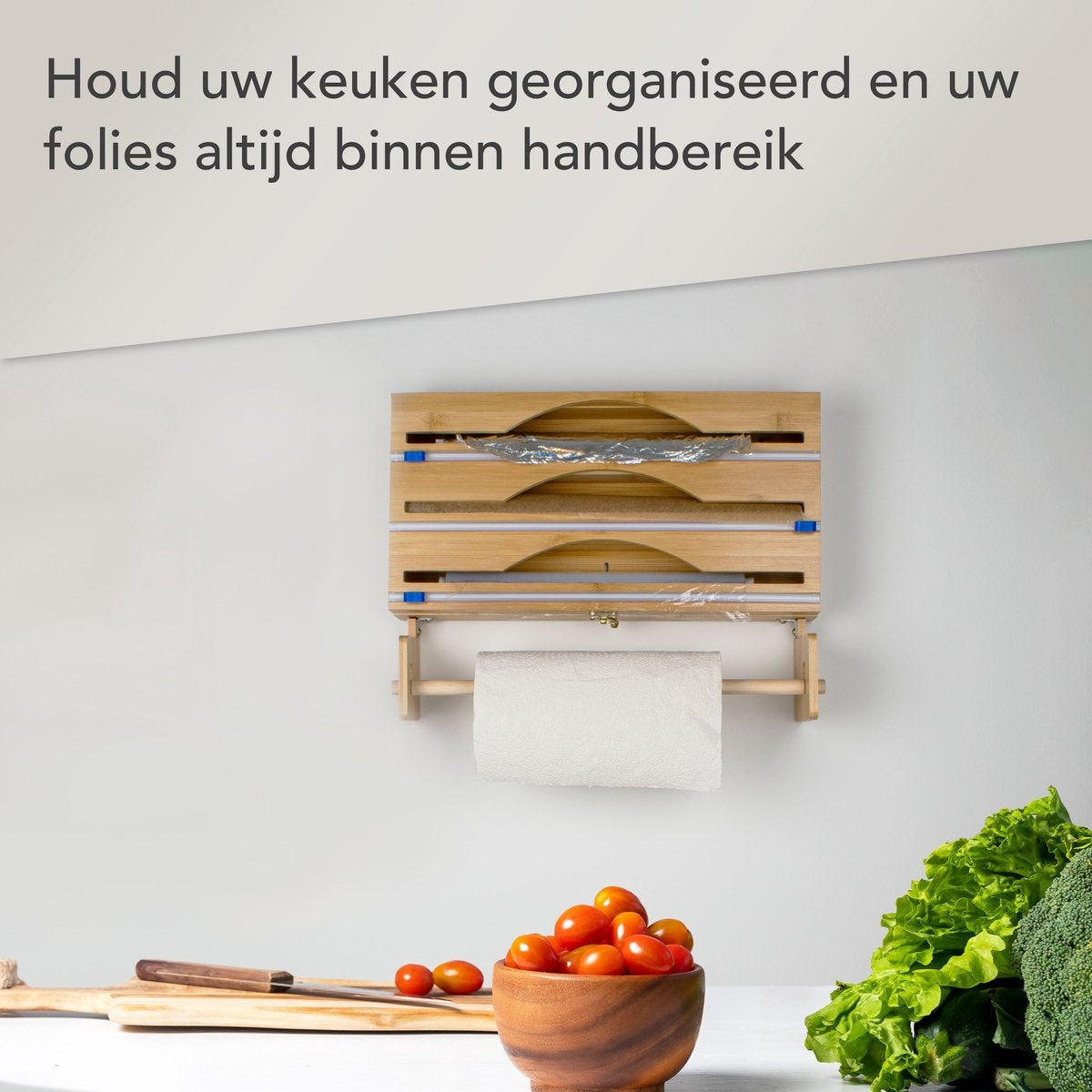 Nimma Rollenhalter - Küchenrollenhalter und Folienhalter in 1 - Inkl. Aufhängesystem und Folienschneider - Geeignet für 3 Folienrollen - Bambus