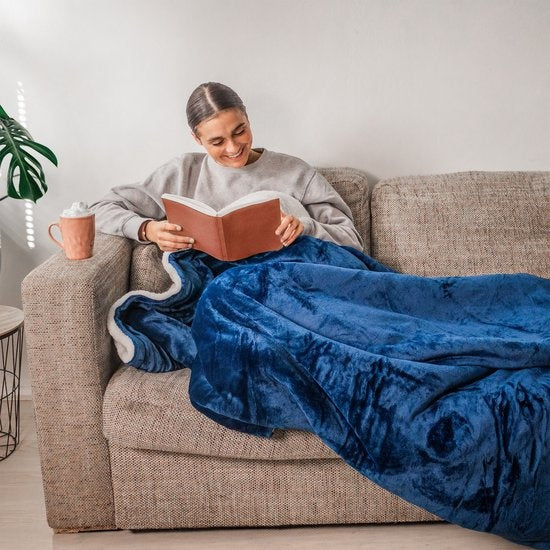 Elektrische Fleece-Heizdecke - 1/2 Person kariert/Sherpa - 180x130 cm Kuscheldecke - Waschmaschinenfest - Couverture chauffante - 6 Heizstufen - Blau