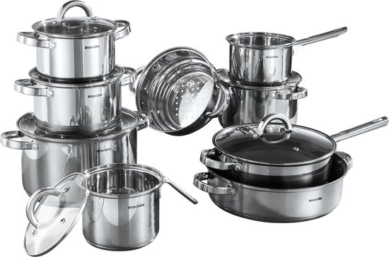 tectake Pfannenset - Edelstahl - Geeignet für Induktion, Gas und Elektro - 15-teilig - Spülmaschinenfest - Für zu Hause oder beim Camping - Pfannen mit Deckel