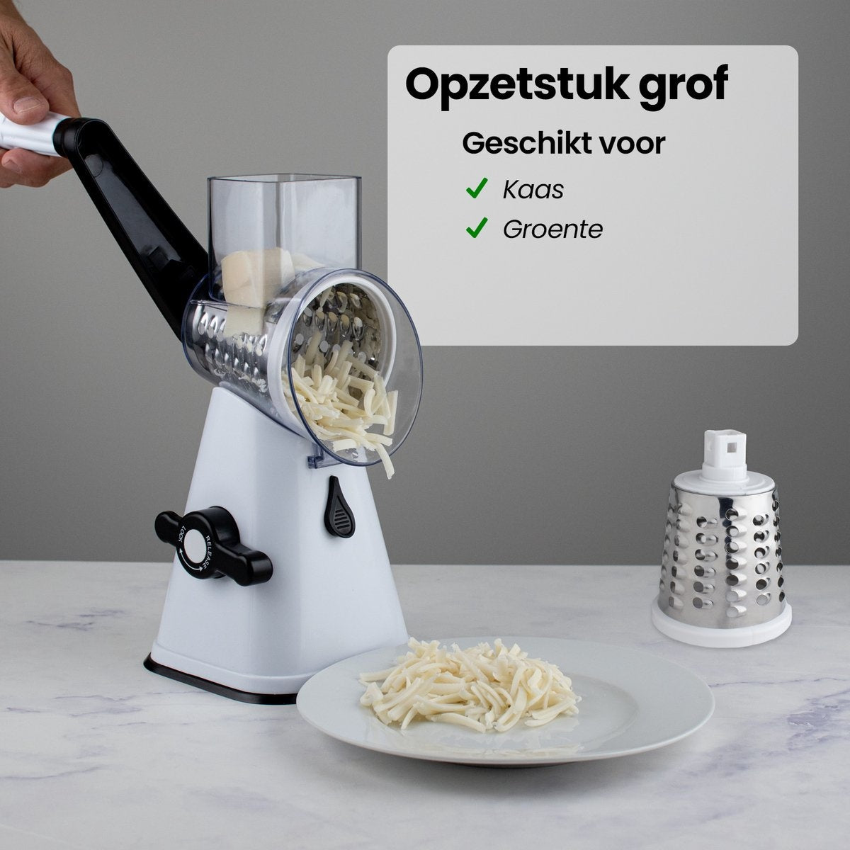 Nimma Trommelreibe - Inklusive 3 Aufsätzen und Spiralschneider - geeignet als Käsereibe und Reibe - Weiß