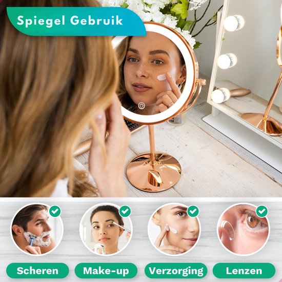 Mirlux Make-up-Spiegel mit LED-Beleuchtung - 10-fache Vergrößerung - Rasierspiegel Small On Foot - 3 Lichtstufen - wiederaufladbar - Vergrößerungsspiegel Pink Gold