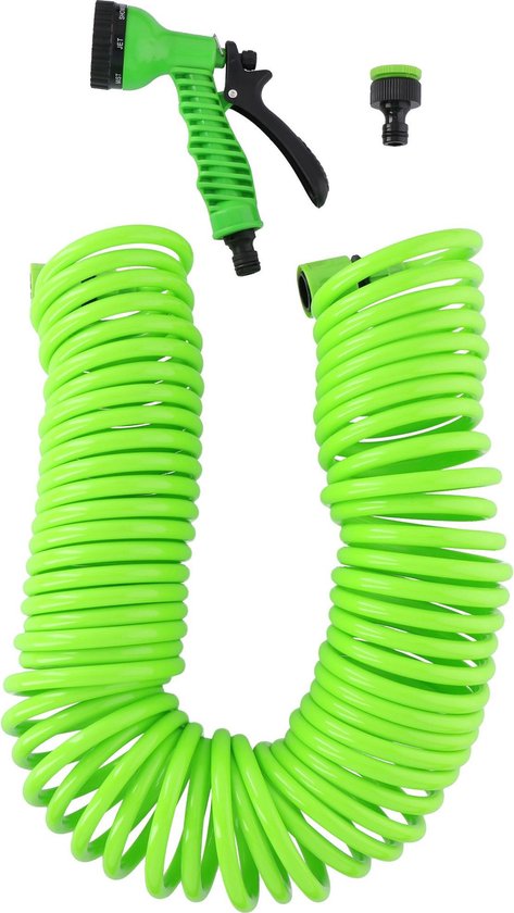 Kinzo Flexibler Gartenschlauch 15 Meter - Inkl. Düse und Schnellkupplung - 7 Sprühfunktionen - Spiralschlauch - UV-beständig - PVC - Grün