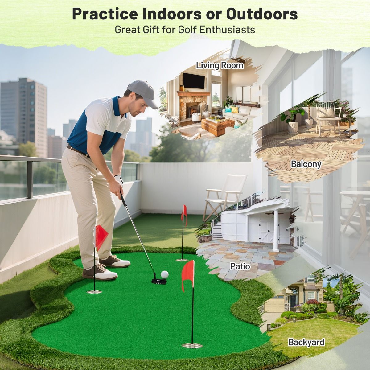 Coast Golf-Puttingmatte – 3 Löcher – inklusive Golfbälle und Flaggen – 300 x 150 cm – grün