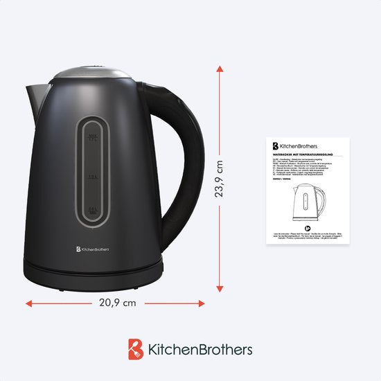 KitchenBrothers - Wasserkocher - Mit Temperaturregelung - Elektrisch - Mit Kalkfilter - 1,7L - Schwarz/RVS
