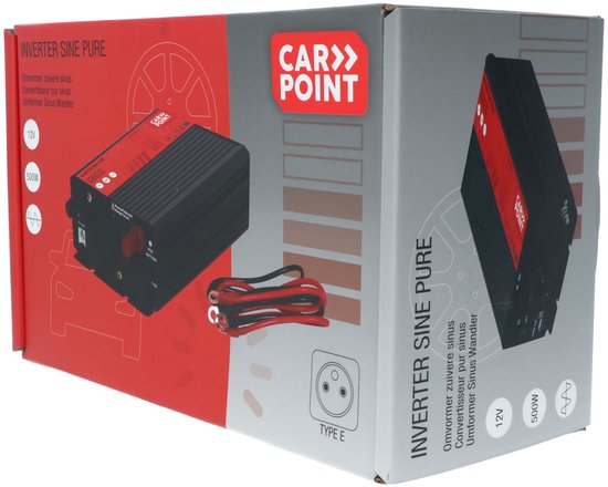 Carpoint-Wechselrichter – 12 V > 230 V – Reine Sinuswelle – Dauerleistung 500 W - Spitzenleistung 1000 Watt – Ausgang mit französischer/belgischer Steckdose – Permanenter Anschluss an die Batterie – Stoßfest – Temperaturgesteuerter Lüfter – Abmessungen 21