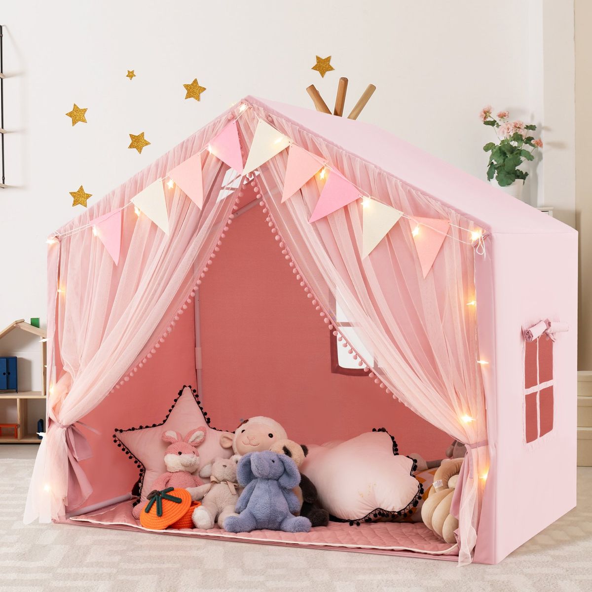 Coast Kinderspielzelt – mit Vorhängen und Sternenbeleuchtung – großes Spielhauszelt – rosa