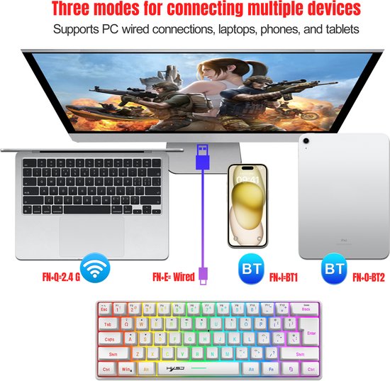 HXSJ L500 – Kabellose Gaming-Tastatur – RGB – Tri-Mode – QWERTY-Tastaturen – Weiß