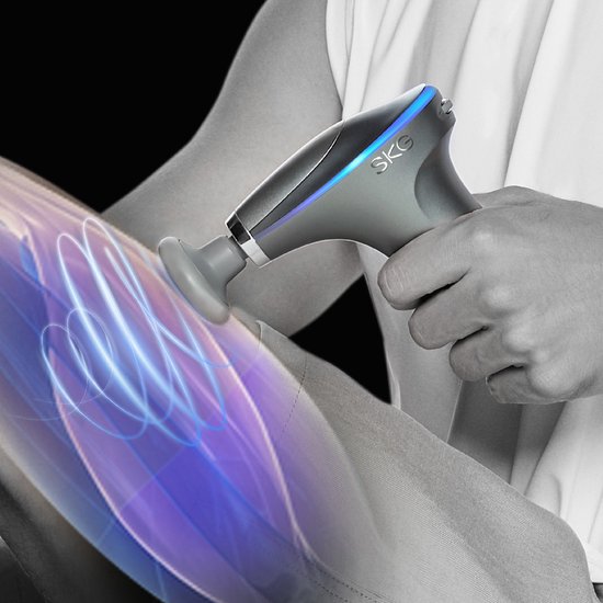 SKG – Kabellose Massagepistole – 5 Geschwindigkeitsstufen, Heizfunktion und 4 austauschbare Aufsätze – F7-E – Grau