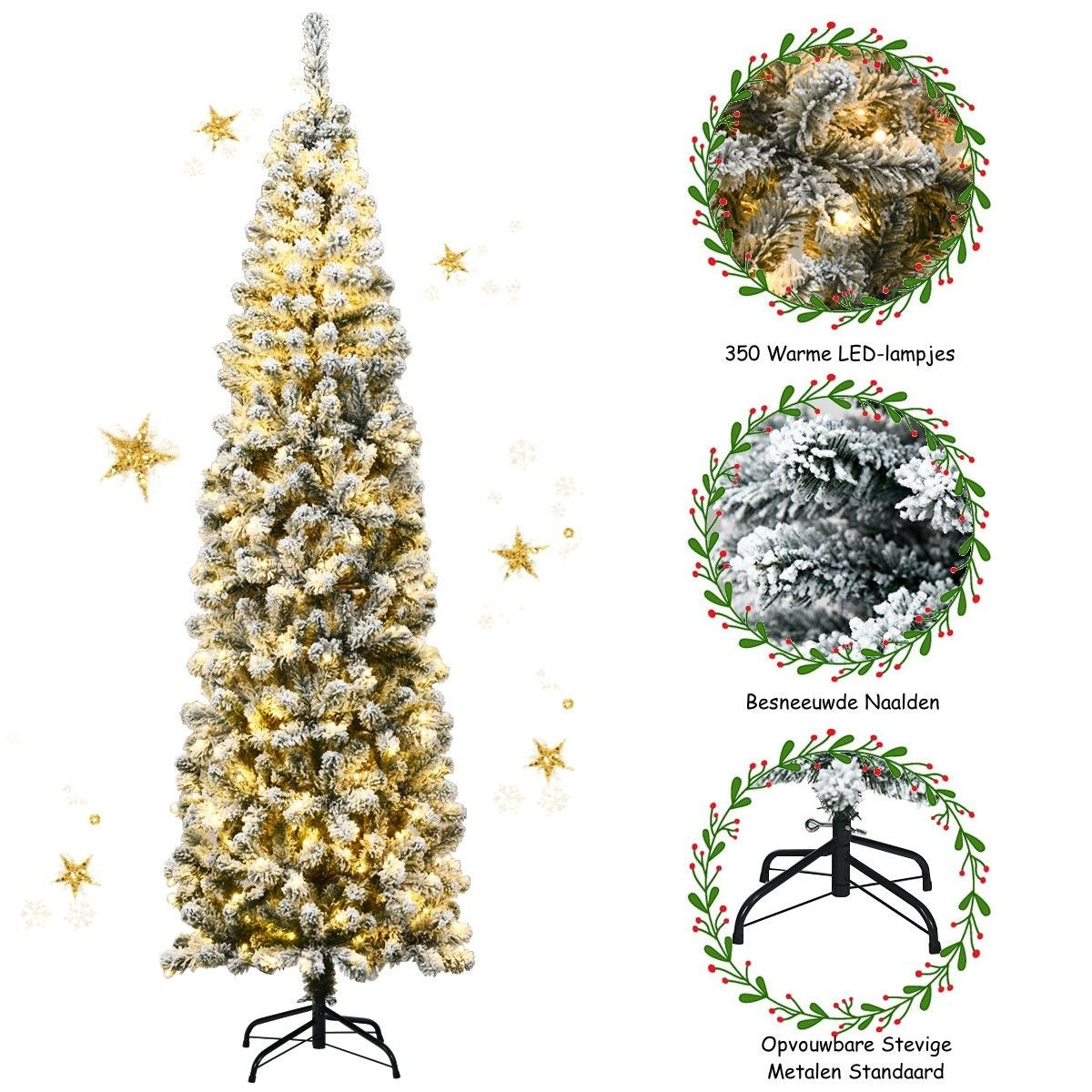 Coast Weihnachtsbaum Bleistift - Mit Schnee, 350 LEDs & 641 Zweigen - 225 cm - PVC/Metall - Grün/Warmweiß