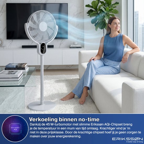 Erikssøn Standventilator – Leise und leistungsstark, 45 W – 8 Geschwindigkeitsstufen – Verstellbar – Standventilator – Grau