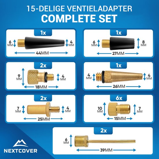 Nextcover® Profi-Fahrradventil-Adapter-Set [15-teilig] I Passend für alle Ventile I Adapter für französisches Ventil für Fahrradpumpe & Kompressor I Fahrradventil-Adapter I Ventil-Adapter I Autoventil I Fahrradventil