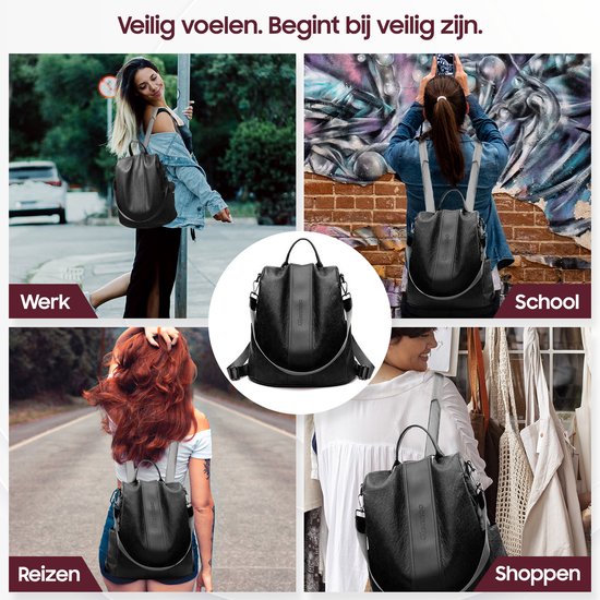 Glennoo Anti-Diebstahl-Rucksack Damen - Rucksack Damen - PU-Leder - Schwarz