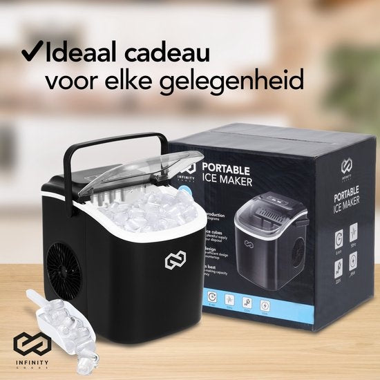 Infinity Goods Eiswürfelbereiter - 1.3L - Mit Eisportionierer - Selbstreinigungsfunktion - 12KG / 24U - 9 Würfel / 6 Min - Schwarz